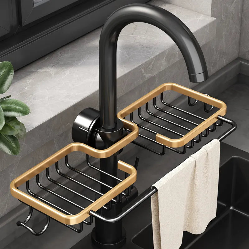 Tap Wings - Space Aluminum Sink Drain Rack and Sponge Storage