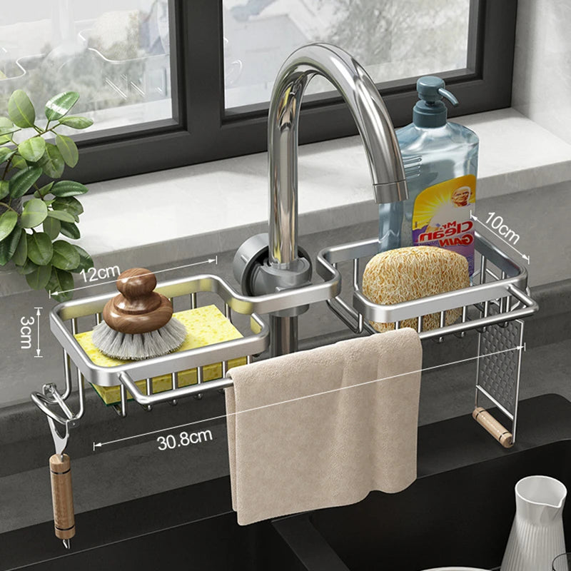 Tap Wings - Space Aluminum Sink Drain Rack and Sponge Storage